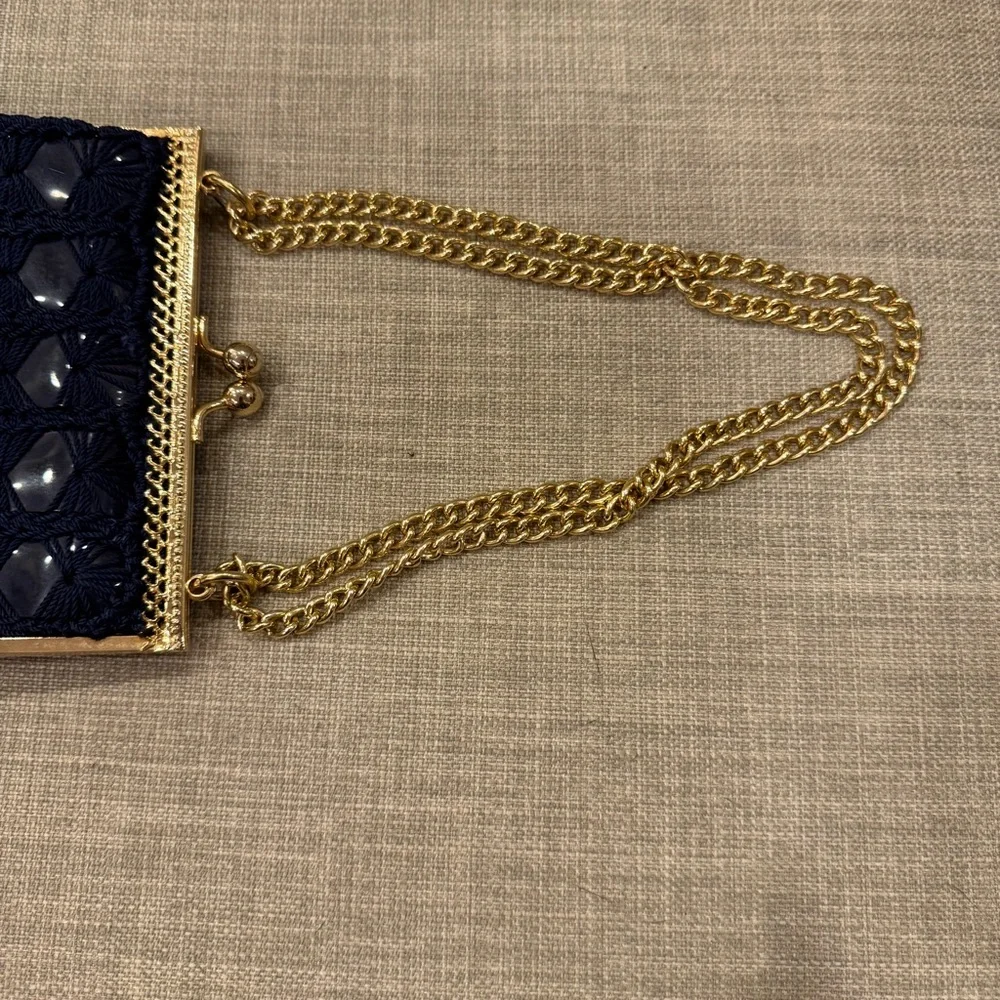 Vintage Crochet Navy Blue Gold Chain Kiss Lock Bag by Solar LTD Italy